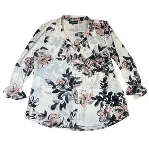 Karl Lagerfeld Paris Womens Floral Ruffle Front Button Up Blouse White Pink Sz M
